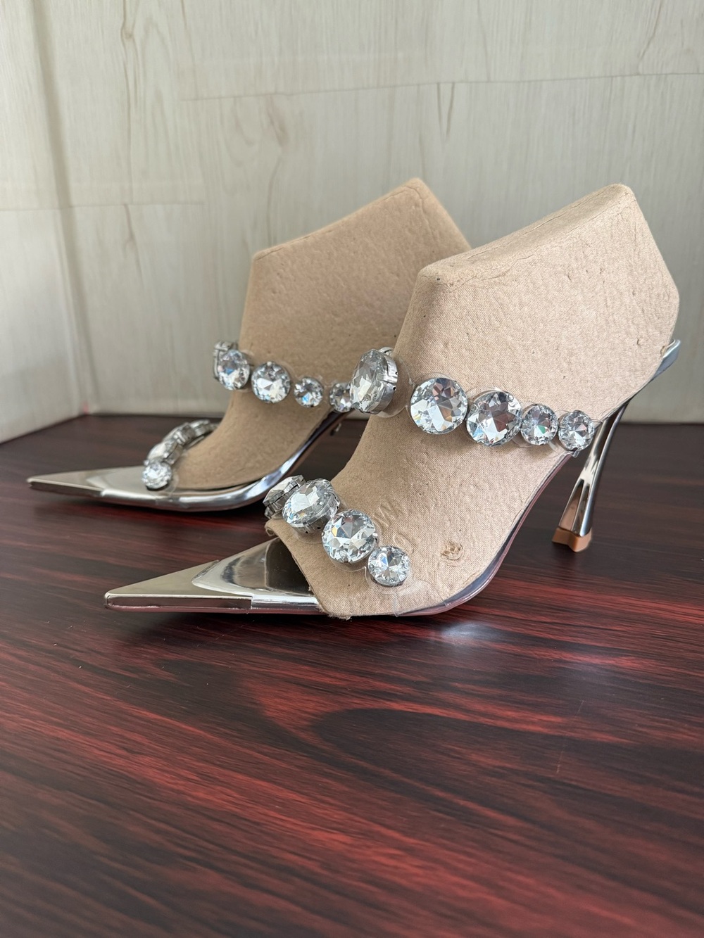 Azalea Wang Paolina Pointed Toe Slide Heeled Sandal Chunky Rhinestones Size 8 - Picture 8 of 13
